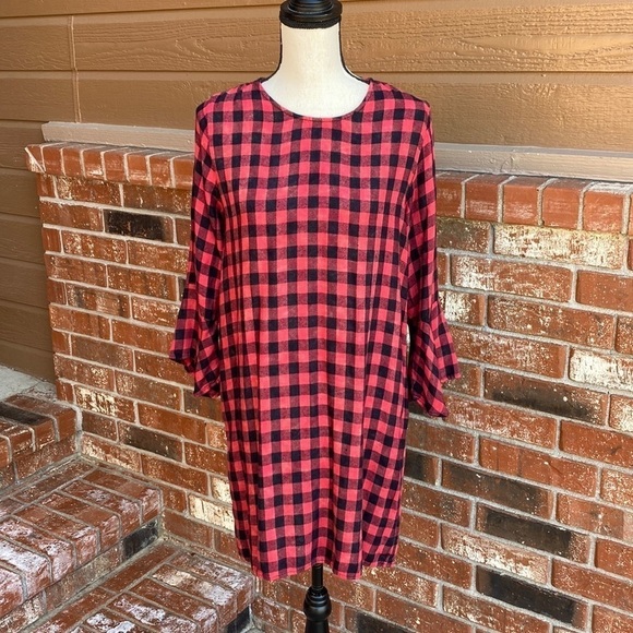 Cloth & Stone Red Buffalo Check Bell Sleeve Midi Women's Dress Size Small - Picture 1 of 7